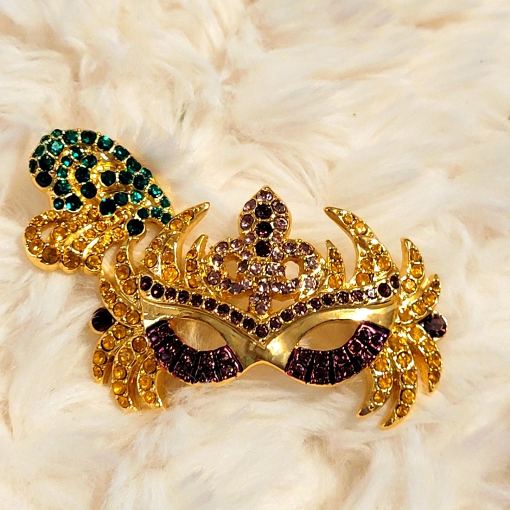 Mardi Gras Multicolor Crystal Gold-Tone Mask Brooch.